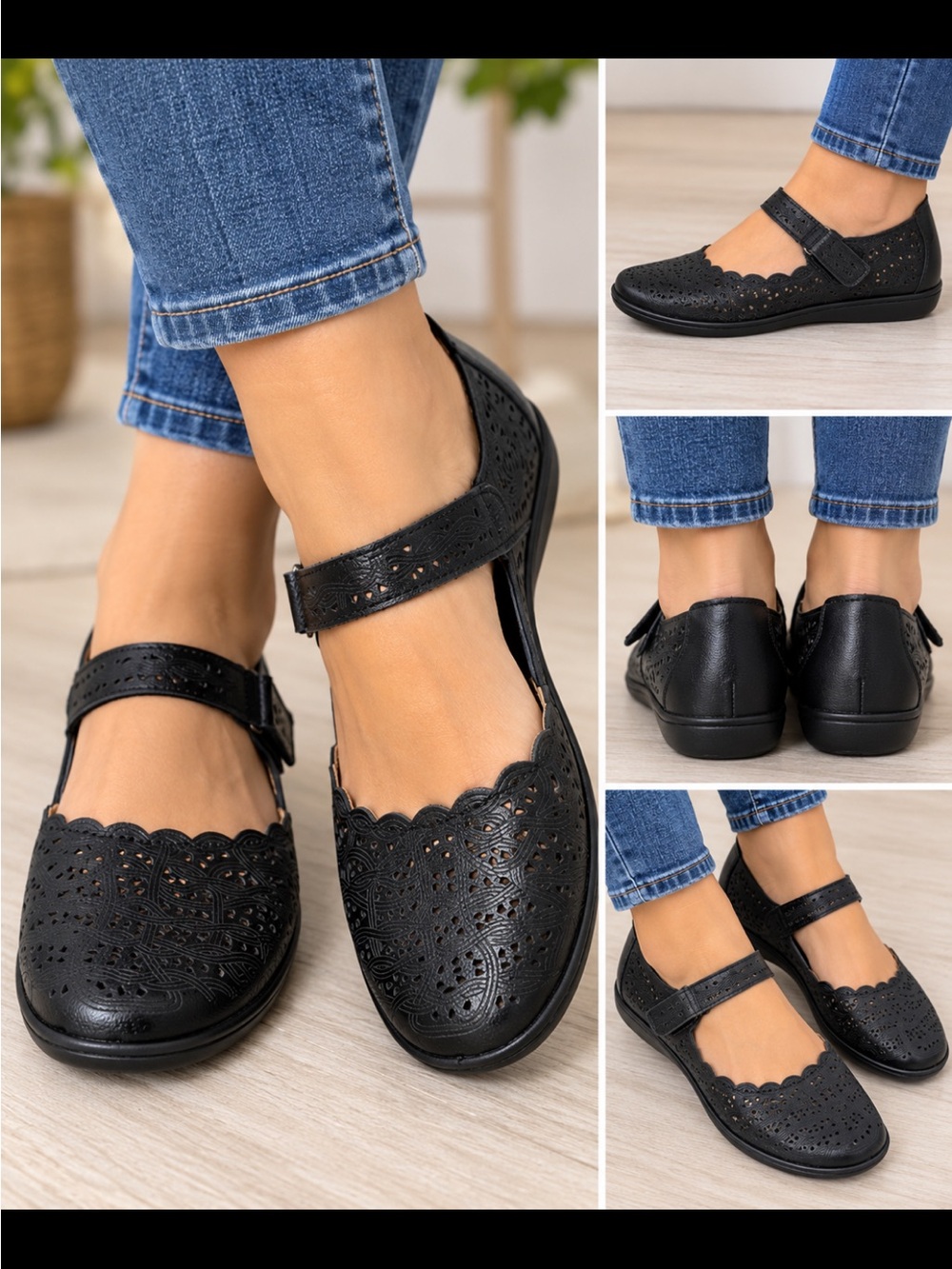 Spring Step Black Laser-Cut Mary Jane Flats